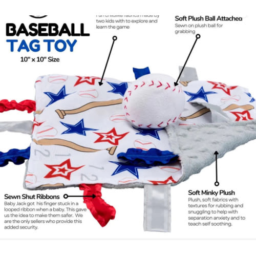 Baseball Baby Learning Lovey Tag Stroller Toy 10" x 10"