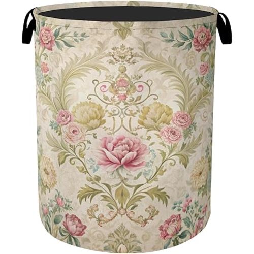 Shabby Chic Rose Laundry Basket with Handles - Extra Large Foldable Hamper for Bathroom/Laundry/Bedroom/Dorm, Washable Fabric Storage Bin