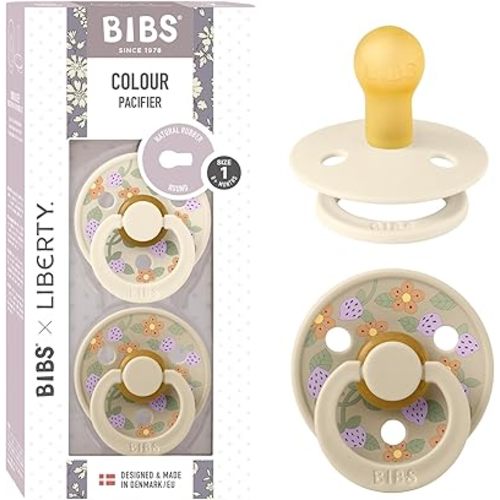 BIBS Colour Liberty Soother 2-Pack, BPA Free Dummy Pacifier, Round Nipple. Natural Rubber Latex, Made in Denmark, Size 1 (0-6 Months), Strawberries and Cream Ivory Mix