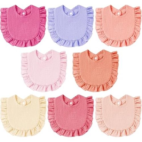 8 Pack Baby Drool Bibs Set - Soft Muslin Bandana Bibs with Flounce Lace & Adjustable Snap for Newborn, Infant, Toddler (multicolor)