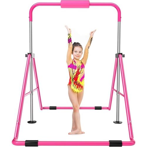 Safly Fun Gymnastics Bar for Kids 3-9, Foldable & Adjustable 35"-51", Supports 140Lbs with Pad, Easy to Assemble, Gymnastics Equipment for Indoor/Outdoor Training