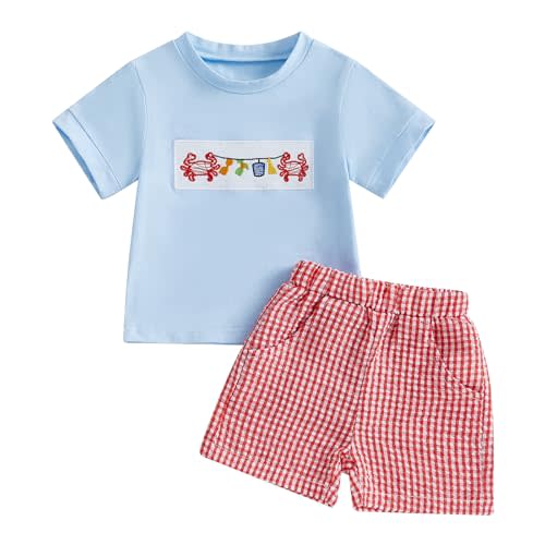 Toddler Boy Lobster Short Outfit Crawfish/Turtle/Crab Embroidery Short Sleeve Tops Stripe Shorts 2Pcs Animal Outfit