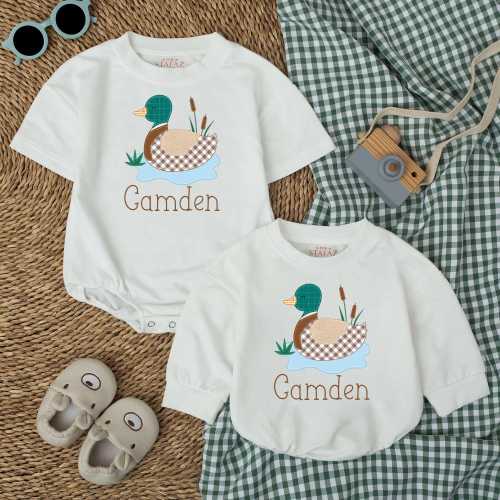 Custom Name Mallard Duck Baby Romper, Camo Hunting Baby Boy Bodysuit, Personalized Hunting Duck Outfit, Pregnancy Reveal, Outdoor Baby Gift