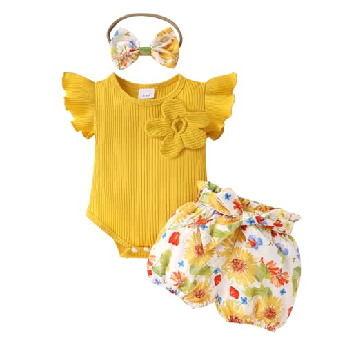 Tiny Cutey Baby Girl Clothes Infant Summer Outfits Set Ruffle Sleeve Romper and Floral Shorts with Headband