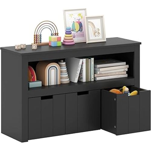 HONEY JOY Kids Toy Storage Organizer, Children Daycare Shelf, 3 Wooden Toy Box w/Wheels, Toddler Classroom Display Cabinet for Playroom, Nursery, Kindergarten (Black)