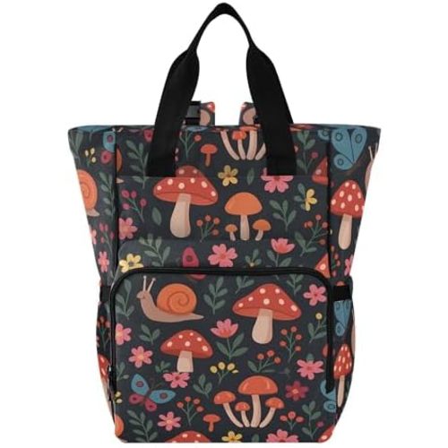 linqin Diaper Bag Backpack, Mushroom with Snails Multifunctional Travel Backpack Maternity Changing Bags, Large Unisex Baby Bag Tote