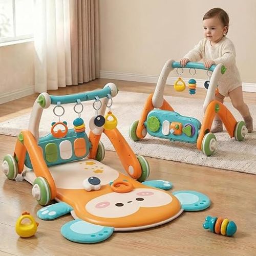 Jovow 2 in 1 Baby Gym with Walker,Baby Play Mat with Double-Sided Multifunctional Removable Play Piano Panel, Educational Sensory Toys for 0-24 Months Boy Girl [White]
