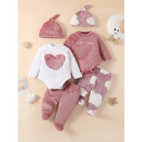 SHEIN 6pcs/Set Newborn Minimalist Fashion Heart Expression Pattern Hooded Long Sleeve Jumpsuit With Pants And Hat, Homewear Set | SHEIN USA