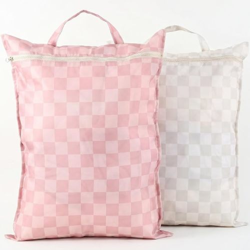 Stylish Wet Dry Bags For Swimsuits Set of 2 - Large Waterproof Laundry Bags | Keeps Wet & Dry Clothes Separated - Cute Checkered Design with Zipper & Handle, Great for Pool, Beach & Camping