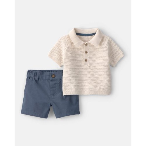 Baby Boy 2-Piece Collared Shirt & Short Set - Cream/Blue | Carter's