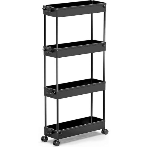SPACEKEEPER Slim Rolling Storage Cart, 4 Tier Bathroom Cart Organizer,Black
