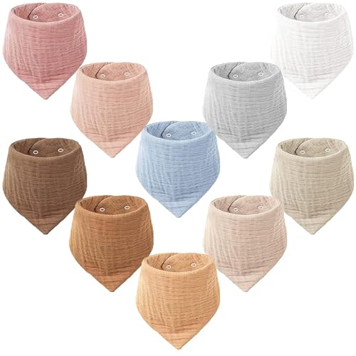 Konssy Muslin Baby Bibs 10 Pack Baby Bandana Drool Bibs 100% Cotton for Unisex Boys Girls