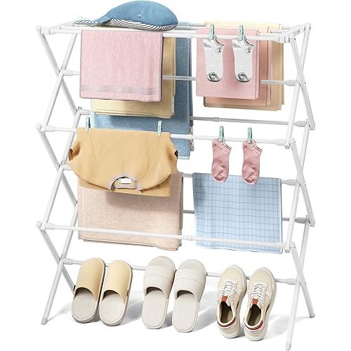 KINGBOARD Clothes Drying Rack, Collapsible Drying Rack Clothing with 11 Poles, 3-Tier Laundry Drying Rack, Small Clothes Drying Rack Foldable for Baby Clothes Sock Towel, 25lb Capacity, White