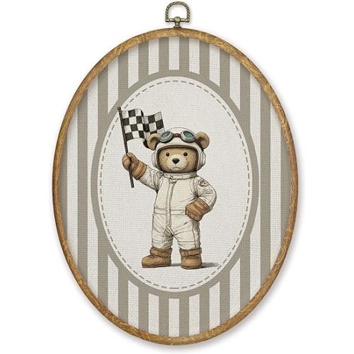 CGBHW Vintage Racer Bear Nursery Oval Wall Art Decor, Kids Room Canvas Prints Framed, Bear Race Car Neutral Striped Wall Art Hanging Decor for Home Kitchen Kids Boy Nursery Room Bedroom Playroom, 8.6x11.4 Inch