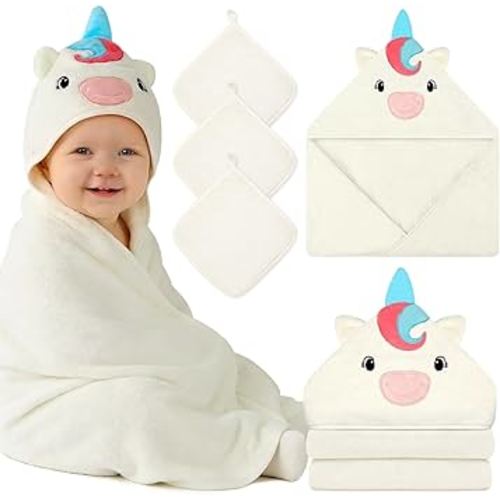 4 PCS Baby Towels Set, Soft Absorbent Baby Hooded Bath Towel, 1 Baby Towel and 3 Baby Washcloths for Newborns, Toddlers, and Kids, 32x32 inch Baby Towel for Boy and Girl (White Unicorn)
