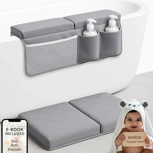 2inch XL Baby Bath Kneeler and Elbow Rest Pad Set + Hooded Towel - Embroidered Kneeling Pad for Bathing Baby - Dual-Layer Memory Foam Bathtub Kneeler and Elbow Rest Set