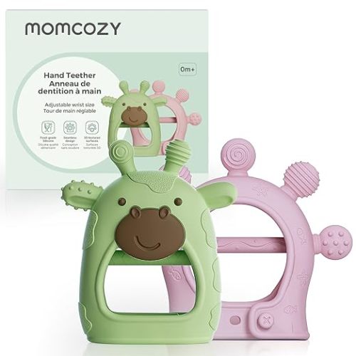 Momcozy Baby Teether Toys | Food Grade Silicone Teething Relief 0-6 Months | Toy 6-12 Months | Baby Essential | Green and Pink