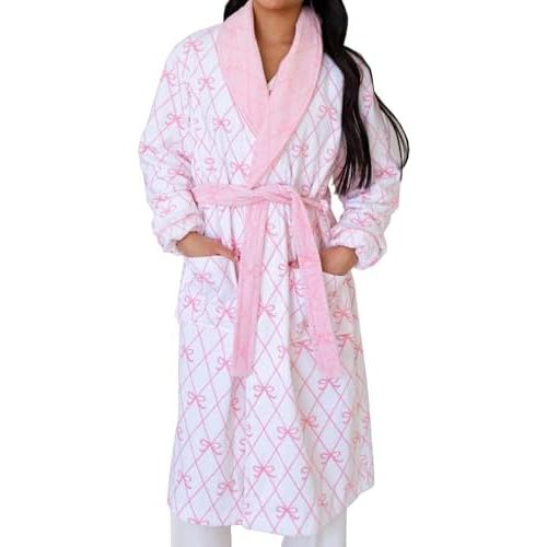 VISGOGO Bow Robes For Women Robe Lightweight Short Women Bathrobe Soft Ladies Cute Bathrobe With Pocket Pink And White