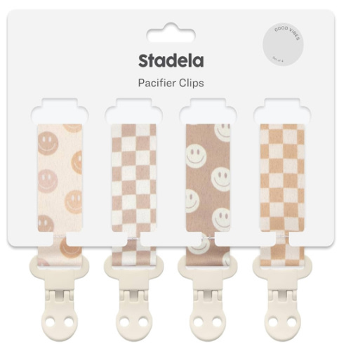 Baby Pacifier Clip Holder - Girl or Boy Unisex 4 Pack Gift Set - Retro Checker and Smiley Faces Design