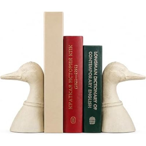 Vintage White Color Decorative Distressed Cast Metal Duck Head Bookends, Metal Duck Book Ends for Shelves, 5.91 x 4.33 x 3.35 Inches, Rustic Vintage Home Office Organizer Set of 2