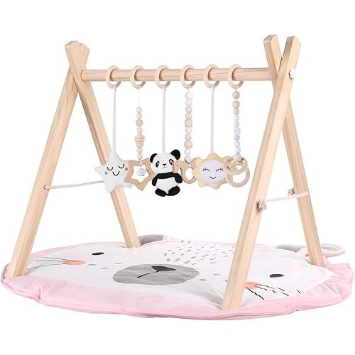 Wooden Play Gym with Mat, Foldable Baby Activity Gyms for Infants Newborn Baby Girl and Boy, Tummy Time Baby Infant Toys 0-6 6-12 Months (Rabbit)