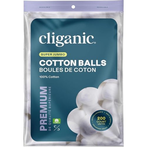 Cliganic Super Jumbo Cotton Balls (200 Count) - Hypoallergenic, Absorbent, Large Size, 100% Pure