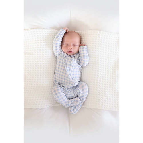 Peter Pan Collar Zipper Footie in Dusty Blue Gingham | Caden Lane