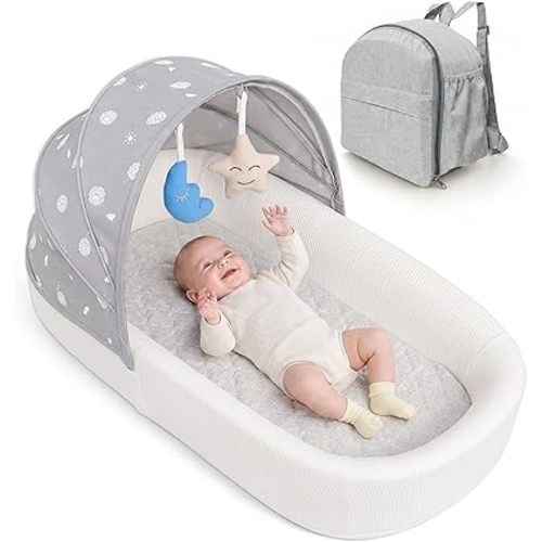 Portable Newborn Nest Lounger with Canopy & Mosquito Net-Lightweight Foldable Newborn Play Support & pad and Washable Cover, Indoor-Outdoor Use (Grey)