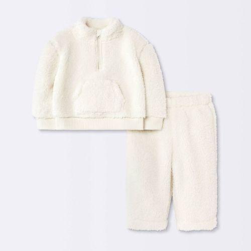 Baby Boys' 2pc Shearling Quarter Zip Sweater and Pants Sets - Cloud Island™ Cream 9M