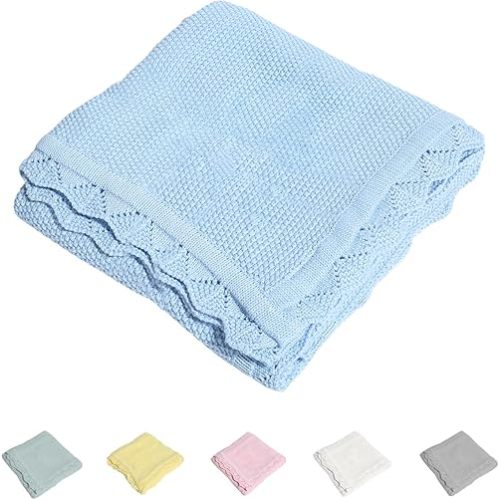 TRENDSTITCH 100% Cotton Baby Blanket Knit Lace Soft Warm Toddler Blanket,30 x 40 Inches,Sky Blue