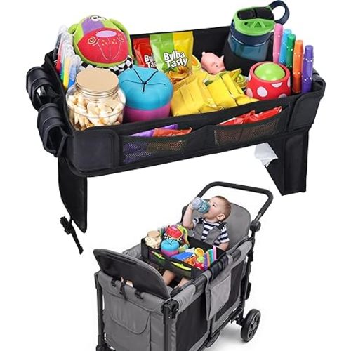 Babenest Stroller Snack Tray for Wonderfold Wagon W2, Foldable Thickened Snack Tray with Cup Holder, Storage Mesh Bag & Pen Slot, Easy to Clean Snack Board for Drawing