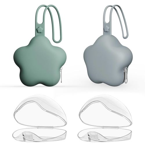 4 Pack Pacifier Holder Case,2pcs Silicone Portable Pacifier Pouch and 2pcs Transparent Nipple Holder Case Container, On-the-GO Pacifier Storage Container Box,BPA Free, Easy to Clean(Gray+Green)