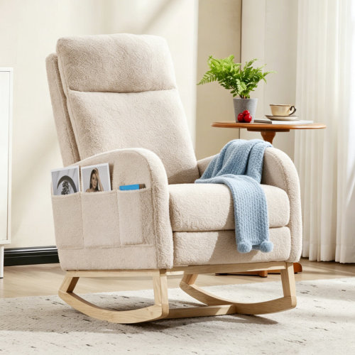 Isabelle & Max™ Solid Wood Rocking Chair With High Back & Side Pocket And Footrest, Teddy Upholstered, Nursery Glider For Living Room, Bedroom, Or Nursery | Wayfair