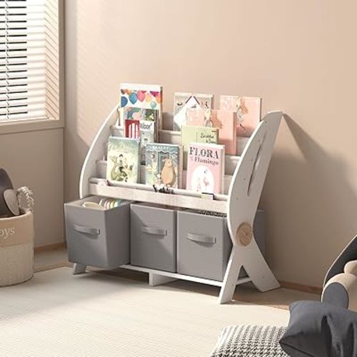 Kids Bookshelf Small 4 Sling Wood Book Rack Kids Room Bookcase Display Stand with 3 Toy Storage Organizer Cube Bins Children Toddler Baby Gift Boys Girls Bedroom Playroom Nursery