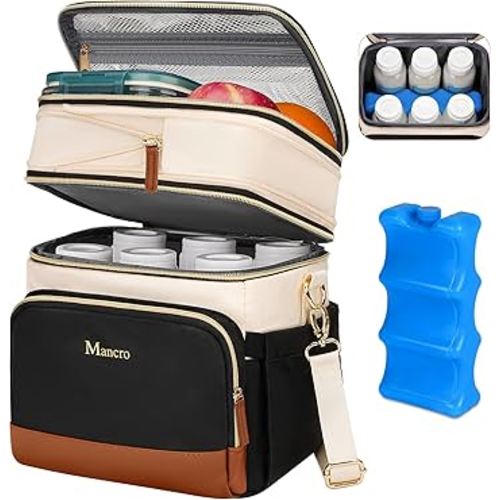 Mancro Expandable Breast Milk Cooler Travel Bag with Ice Pack, Double Layer Baby Bottle Bag Fits 6 Bottles Up to 9 Ounce, Breastmilk Cooler Bag with Shoulder Strap for Nursing Moms & Daycare