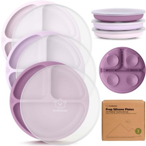 3-Pack Prep Suction Plates with Lids, 100% Silicone Baby Plates with Lid, BPA-Free Kids Divided Toddler Plates