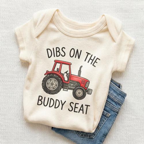 Dibs On The Buddy Seat Baby Onesie - Funny Farm Tractor Bodysuit