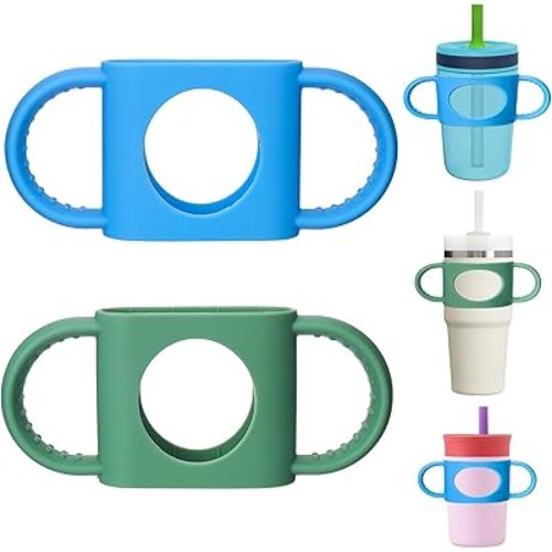 Mity rain Cup Grip Compatible with Owala Toddler Cup - Kid Cup Silicone Dual-Handle Fit for Owala 12oz, for Zak 12oz 15oz, for Stanley 14oz, Kid Water Bottle Handle Tumblers Accessories (Green+Blue)