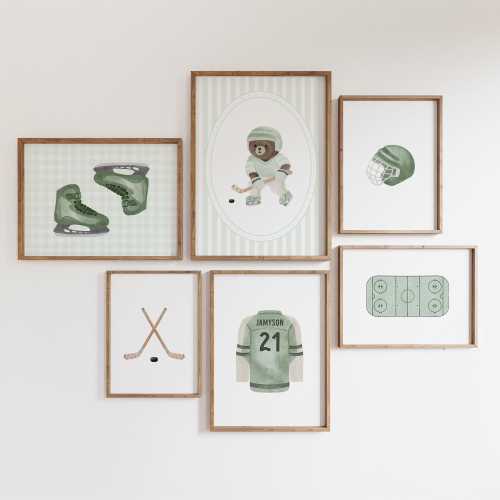 Personalized Hockey Teddy Bear Print: Sage Green Sports Room Decor (Digital Print