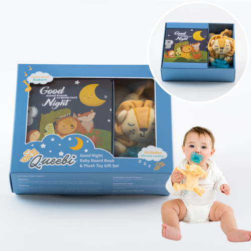 Queebi Baby Book & Lion Pacifier Holder Gift Set - Includes Board Book, Audio Book, Plush Toy Pacifier Holder and Pacifier - Unisex Baby Gift - 0+ months Baby Toy
