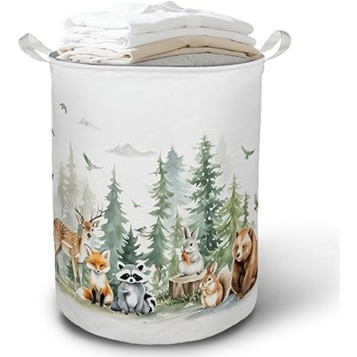 Animal Forest Nursery Laundry Basket Hamper,Forest Nursery Decor, Animals Foldable Clothes Toys Books Storage Box Bins Baskets Organizer for Girls Boys Bedroom Bathroom,