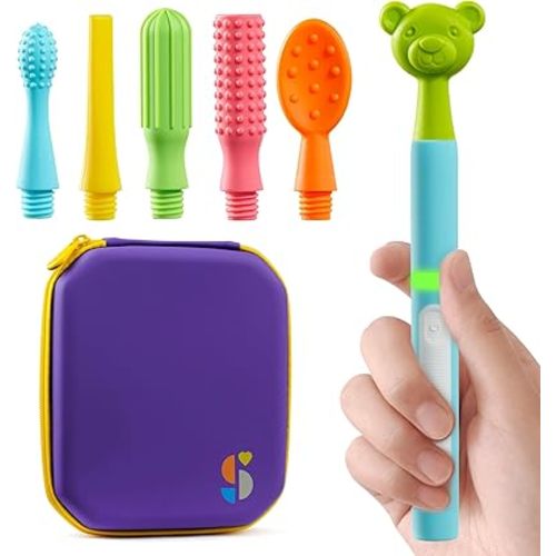 Special Supplies Buzz Buddy Oral Motor Stimulation kit with 6 Soft Textured Interchangeable Heads, Calm Sensory Needs, Support Speech, and Stimulate Self Feeding, Gentle Vibrations (Light Blue)