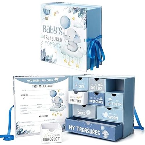 Baby Keepsake Box Newborn Memory Organizer with 9 Labeled Compartments First Keepsake Book Gift Box for Pregnancy Mother"s Day Baby Shower New Maternity(Blue,Blue Elephant)