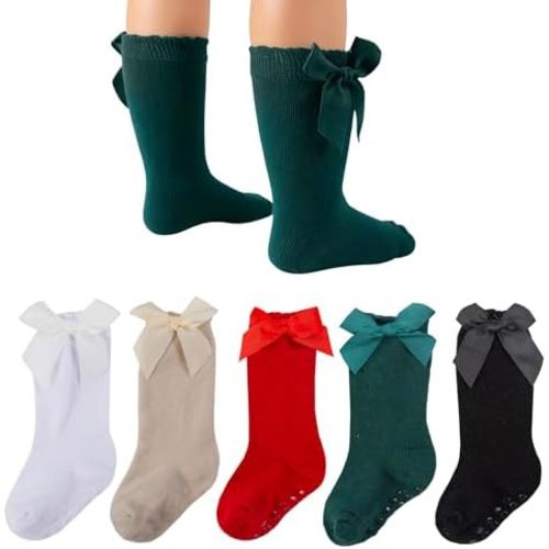 QHANSHIEE Baby Knee High Socks Girls Newborn Infants Toddlers Cotton Bow Ruffle Long Socks Non Slip Stockings Dress Socks