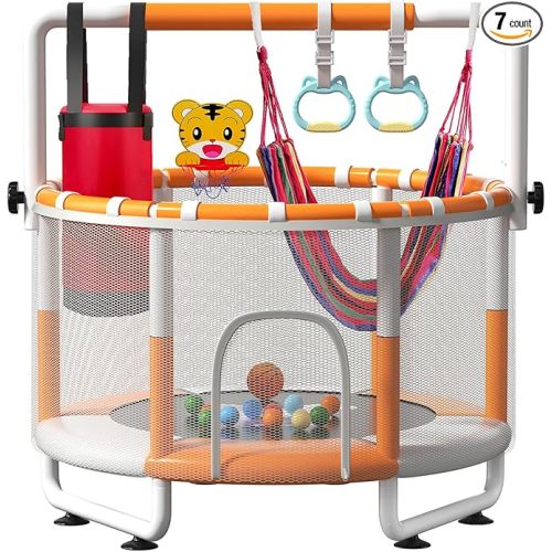 55" Kids Indoor Trampoline with Safety Net, Adjustable Gymnastics Bar & Toys – Indoor/Outdoor Toddler Play Gym for Boys & Girls Ages 3+, Birthday Gifts
