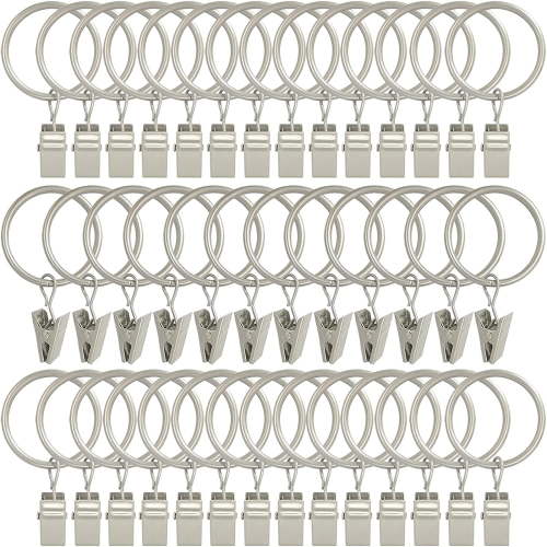 40 Pack Curtain Rings with Clips, Drapery Clips with Rings, Drapes Rings 1.26 in Interior Diameter, Fits up to 1 in Curtain Rod, Matte Silver