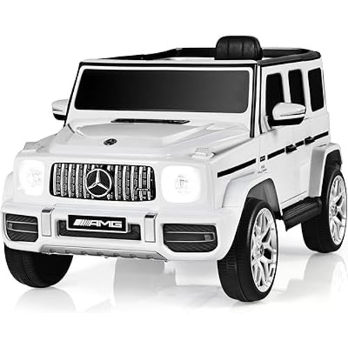 OLAKIDS 12V Kids Ride On Car, Licensed Mercedes Benz G63 Electric Vehicle with Remote Control, Double Open Doors, Music, Bluetooth, 2 Speeds, Wheels Suspension, Battery Powered Driving Toy (White)