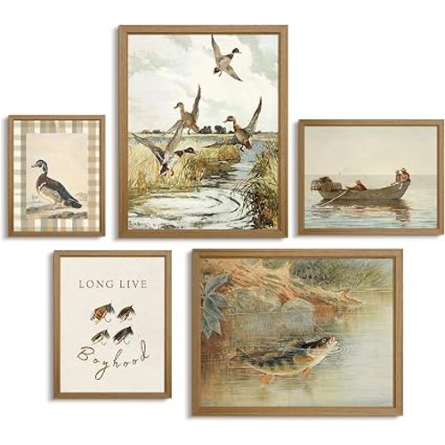 Vintage Nursery Wall Art Decor Baby Boy Room Canvas Prints Fishing Hunting Nursery Wall Decor Mallard Duck Pictures Rustic Farmhouse Poster Artwork for Bedroom 8x10x5 Inch Framed