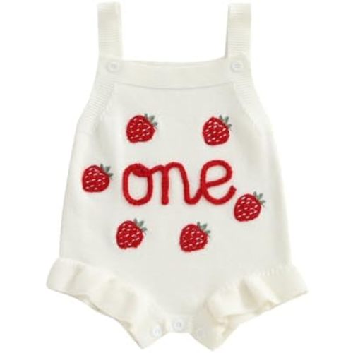 Baby Girl Birthday Outfit Knit Bubble Romper One Year Old Strawberry Embroidery Ruffle Sleeveless Bodysuit Clothes
