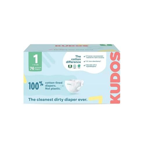 Kudos Chlorine Free Premium Diapers, 100% Cotton-Lined - Ultra Soft, Size 1-76 Count
